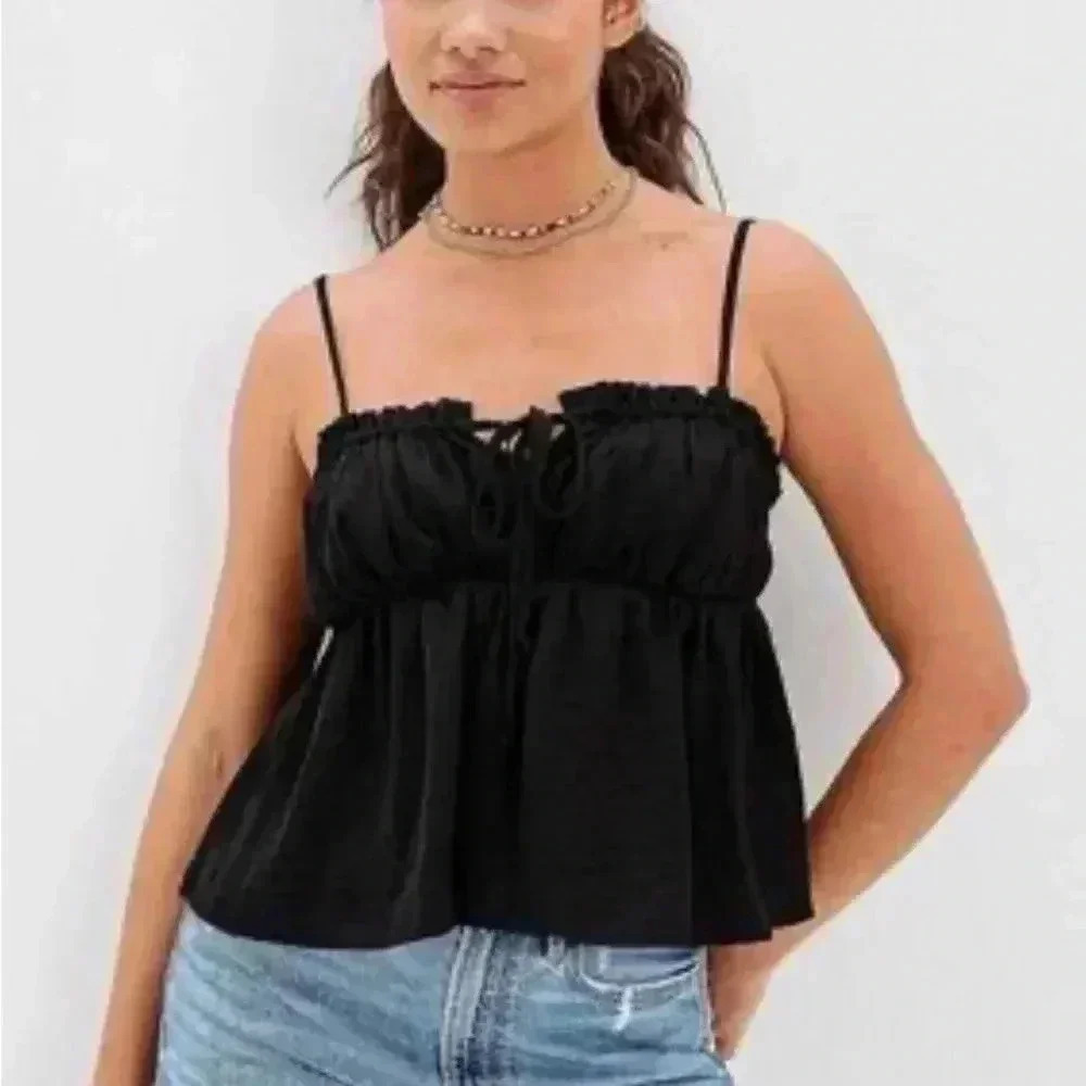 American Eagle Cinched Silky Babydoll Top Black Tie Front Size Small NWT